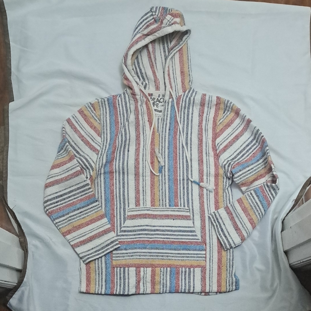 Red and Blue Striped Hooded Sweater with Textured Fabric